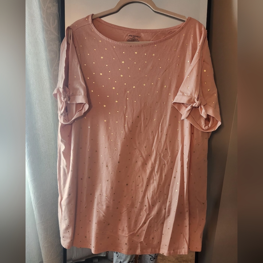 Lane Bryant Pink Short Sleeve Top with Gold Dots